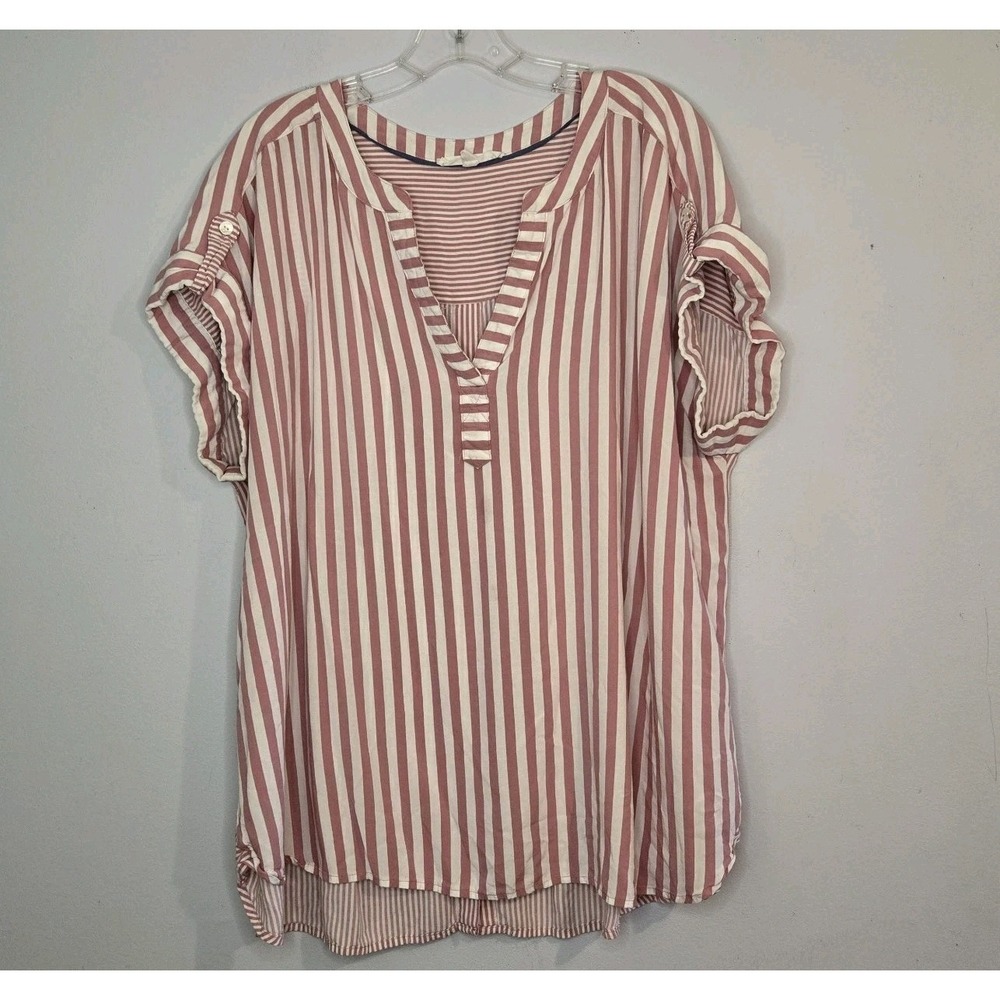 Jane + Delancy 1xPlusPink /White Striped Summer Top Short Sleeve V Neck Comfy